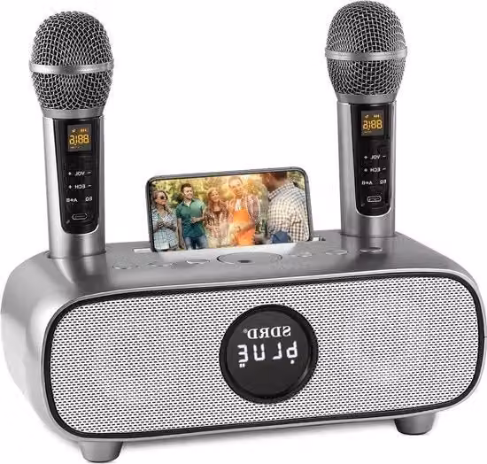 Impianto Karaoke Portatile Systema PA con Bluetooth, 2 Microfoni e Colore Silver per Uso Domestico