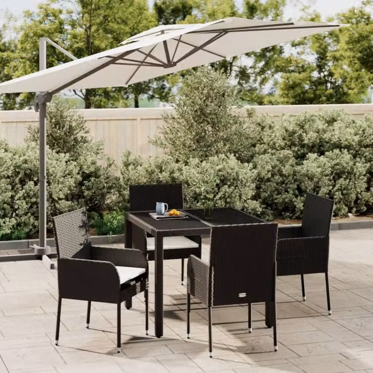 Set da pranzo da giardino moderno vidaXL in polyrattan nero con tavolo in vetro e 5 sedie con cuscini