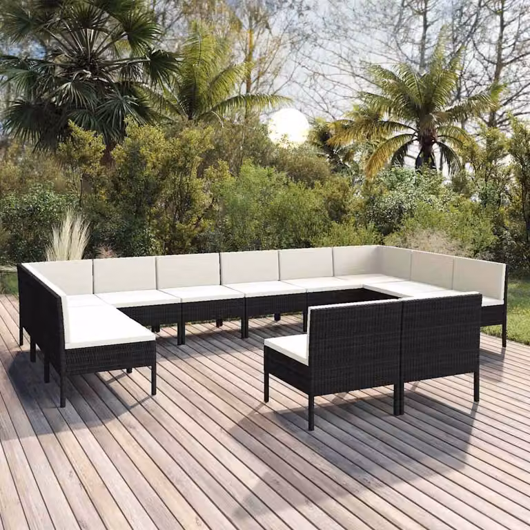 Set di divani da giardino vidaXL a forma di U composto da 12 pezzi con cuscini in polyrattan e struttura in metallo nero e bianco