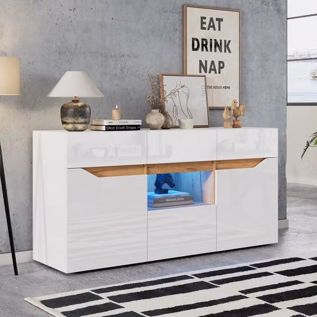 Cassettiera Minimal con 4 cassetti bianco effetto legno lucido L: 140 cm, P: 40 cm, H: 70 cm