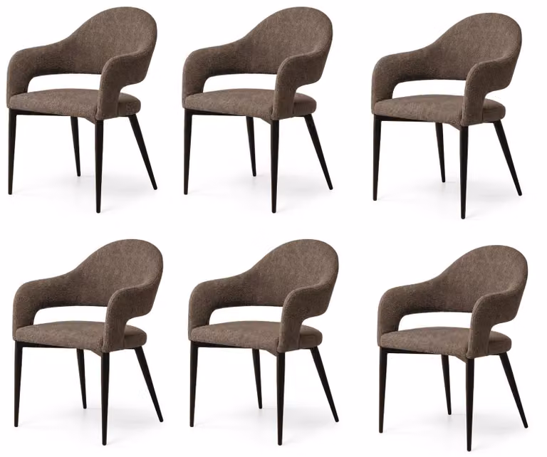 Set di 6 eleganti sedie da pranzo, colore marrone, rivestite in tessuto, design esclusivo con schienale aperto