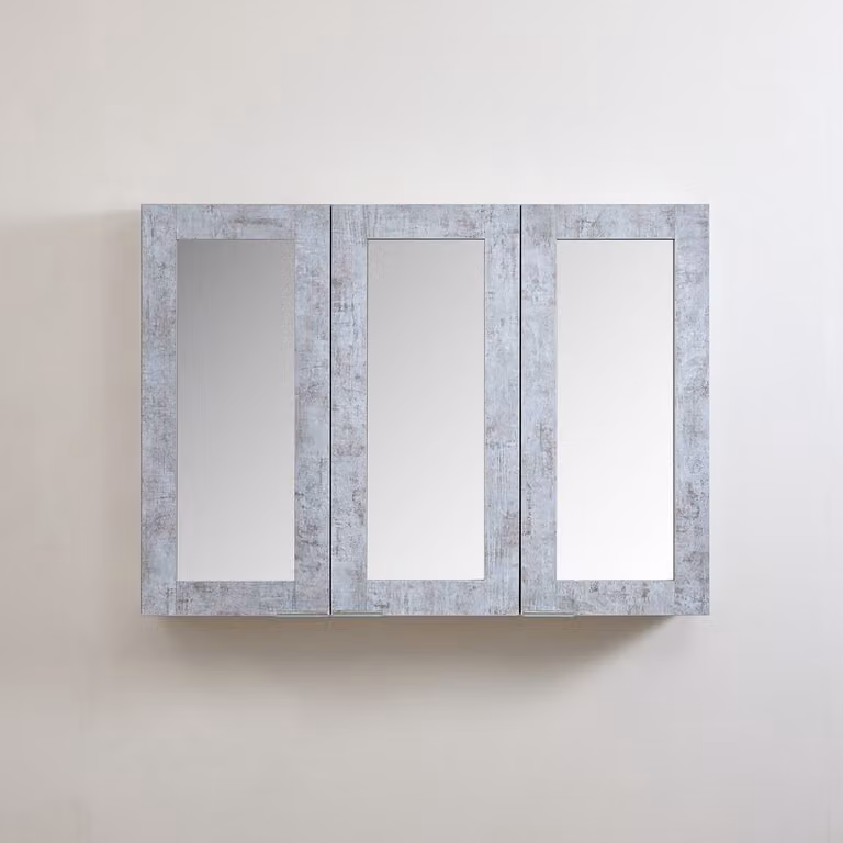 Mobiletto a Specchio da 600mm x 650mm Grigio Cemento - Completo di Maniglie con Impugnature a Dito Cromate - Cluo