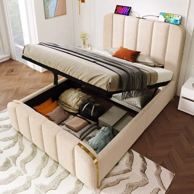 letto imbottito lino beige 90 x 200 cm
