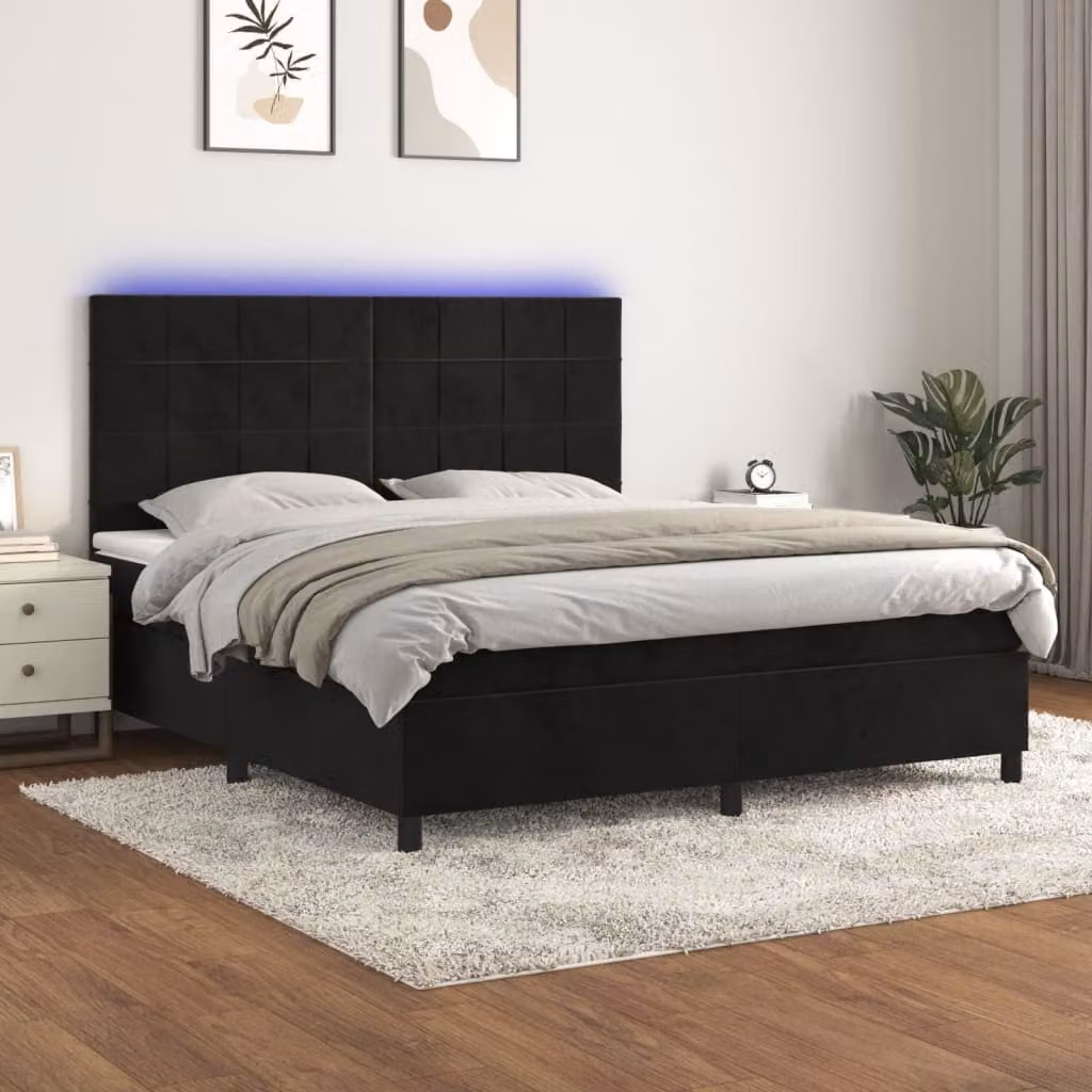Letto Ibrido vidaXL con Materasso e Illuminazione LED in Velluto Nero L/P: 180 x 200 cm – 1