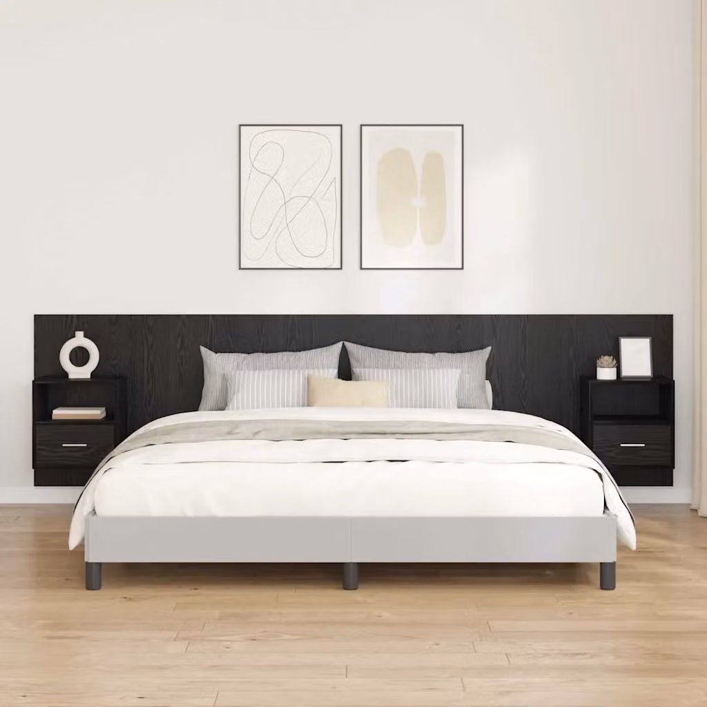 Set di 3 pezzi Testiera con Comodini Integrati Design Moderno in Legno Multistrato Rovere e Nero – 2