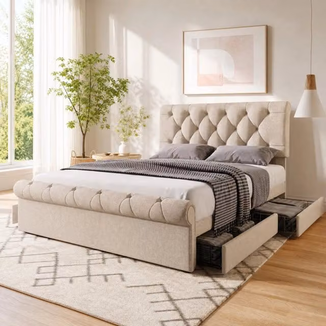 Letto matrimoniale imbottito 140 × 200 cm con 4 cassetti testiera regolabile legno metallo naturale materasso H3