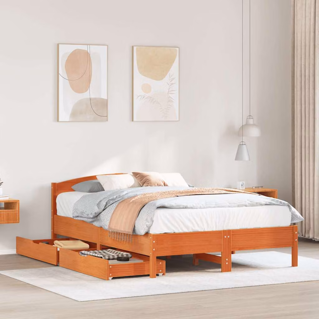 Letto in legno di pino rustico vidaXL senza materasso, colore marrone cera, L 120 x P 200 cm – 1