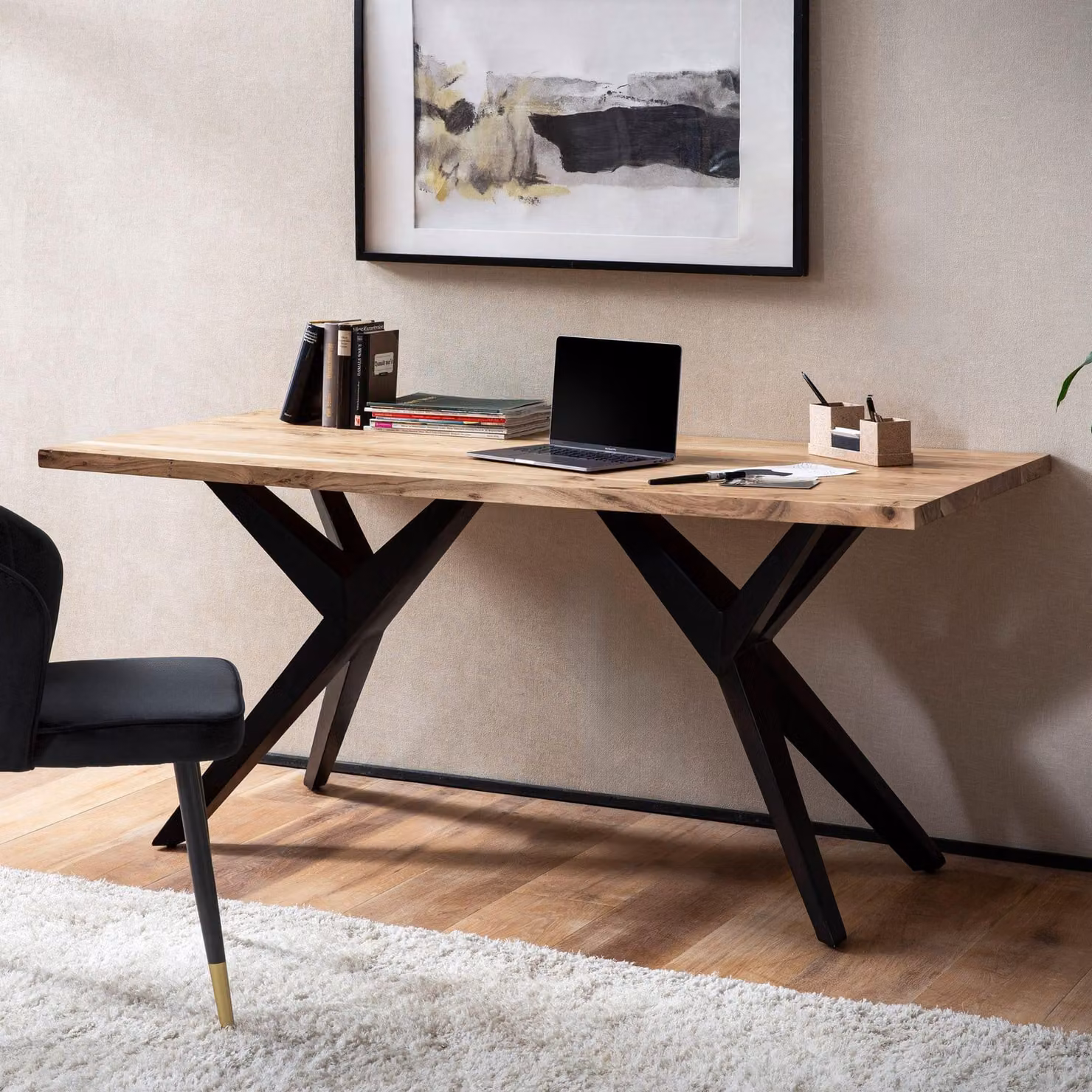 FineBuy Scrivania da 160 cm in legno massello di acacia, scrivania per computer in stile loft, scrivania da ufficio per l'home office con gambe in metallo, tavolo in legno in stile industriale, grande tavolo per laptop