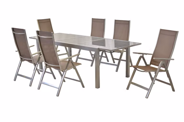 Set di mobili da giardino Merxx Carrara 7 pezzi, 6 poltrone pieghevoli color tortora, 1 tavolo allungabile 160/220 x 90 cm - alluminio/tessuto