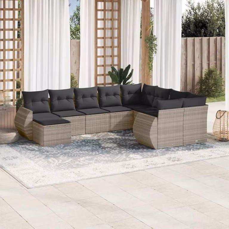 vidaXL Set Divano da Giardino 10 Pezzi in Polyrattan con Cuscini Grigio Chiaro