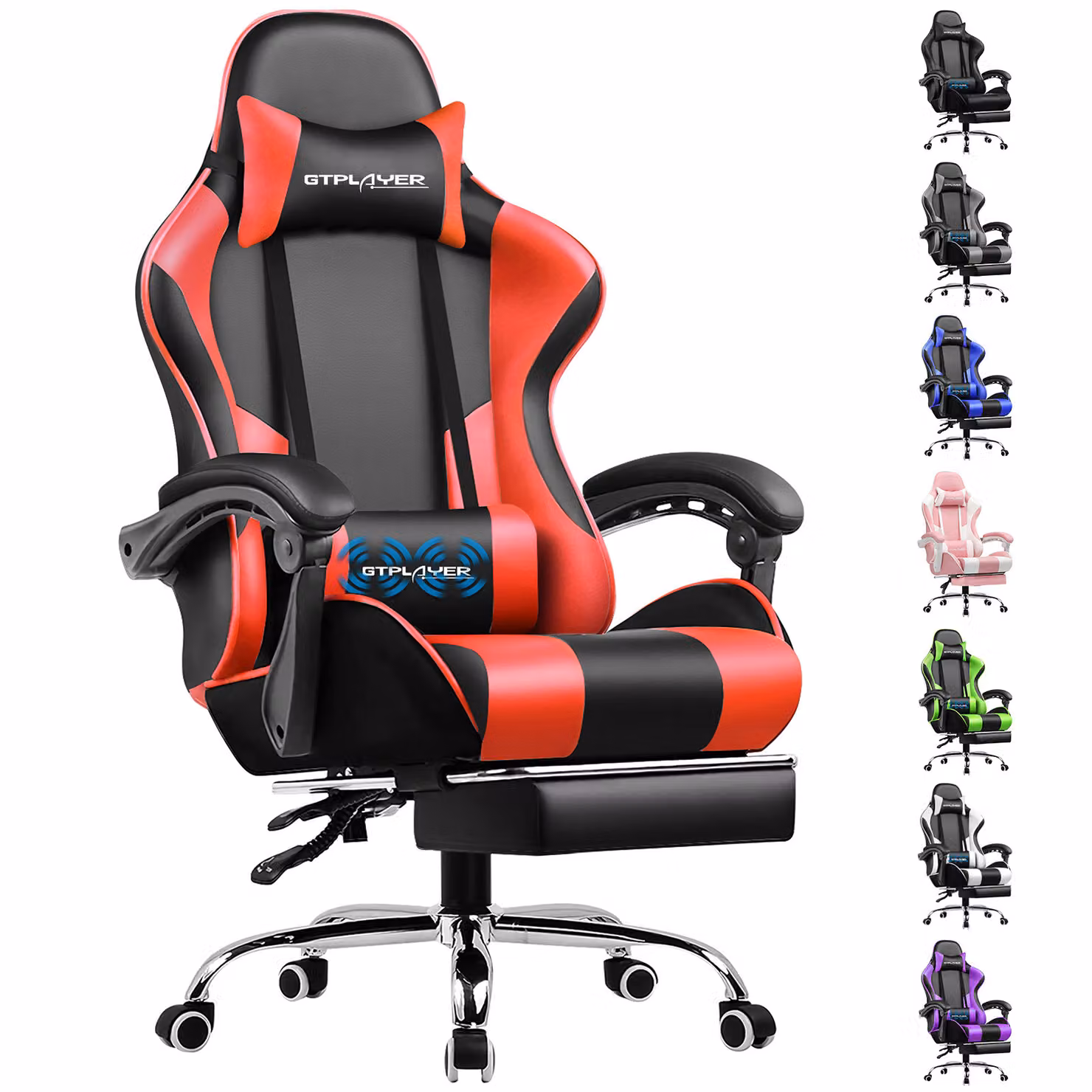 Sedia da gioco GTPLAYER, sedia da ufficio ergonomica con funzione massaggio e poggiapiedi, maniglia di collegamento, base in acciaio, rosso