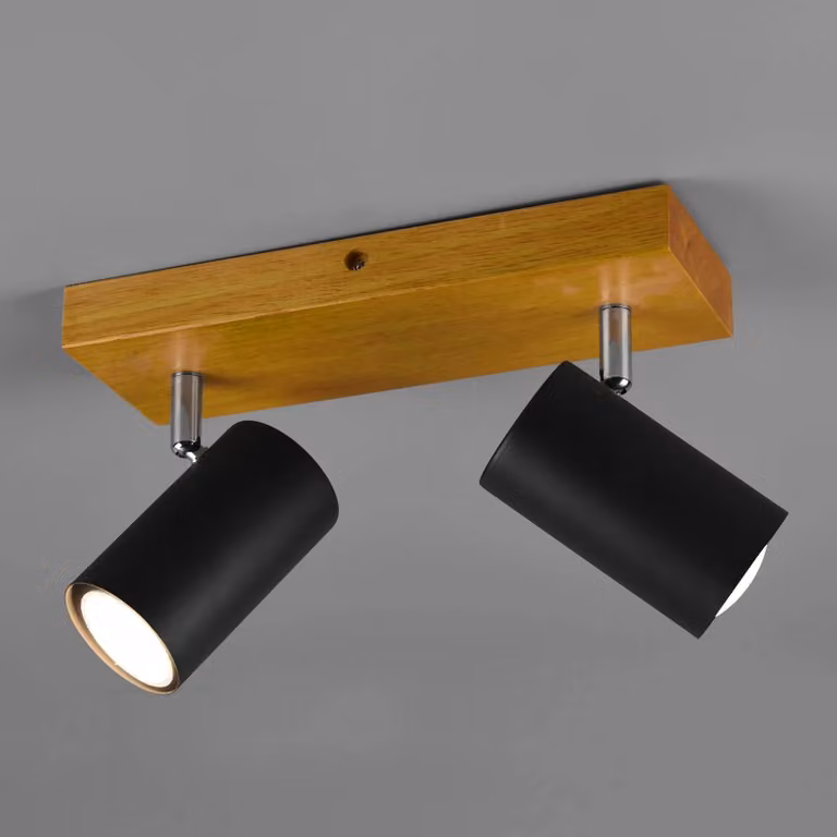 Trio Lighting Faretto da soffitto Marley, nero opaco, a 2 luci dimmerabile, Legno chiaro, Soggiorno / Sala da pranzo, Metallo, Moderno, Faretto