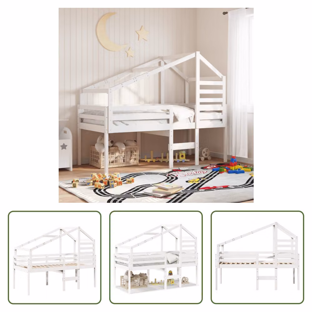 The Living Store Letto a soppalco con tetto bianco 90x190 cm in legno di pino massiccio