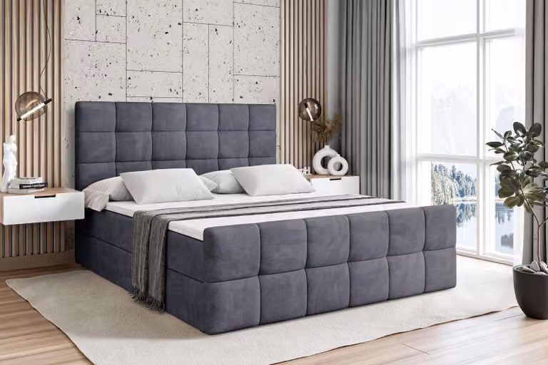 Letto boxspring ALTDECOR con materasso e rete a doghe - - BRUGO -Z - 200x200 cm - Velluto grigio scuro - Letto boxspring, pediera, topper, letto imbottito con contenitore, letto con contenitore H4 - Materasso, letto matrimoniale, letto boxspring