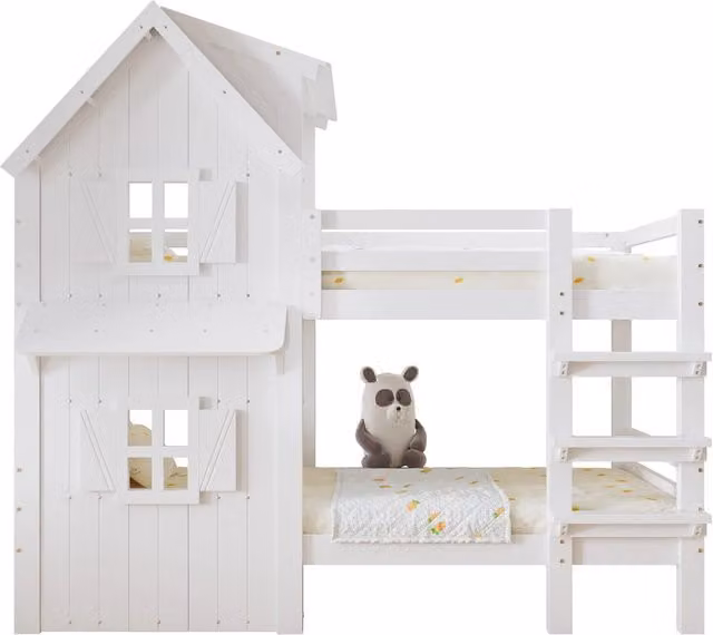 Letto a castello per bambini 90x200 cm; con tetto; finestre; sponde e scaletta; in pino e MDF; bianco