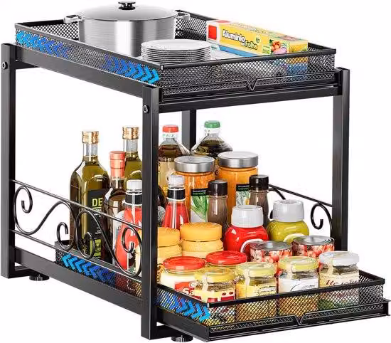 Ibenzoa® Scaffale metallico estraibile per l'organizzazione di cucina e bagno, con 2 ripiani dotati di cesti in filo estraibili, realizzato Acciaio al carbonio, con rivestimento resistente alla ruggine e all'acqua, regolabile in altezza, e installabile se