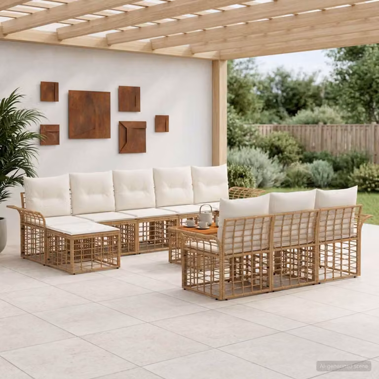 Set di divani da esterno vidaXL 11 pezzi per 10 persone in stile rustico con struttura in acciaio e legno di acacia, colore beige e bianco crema