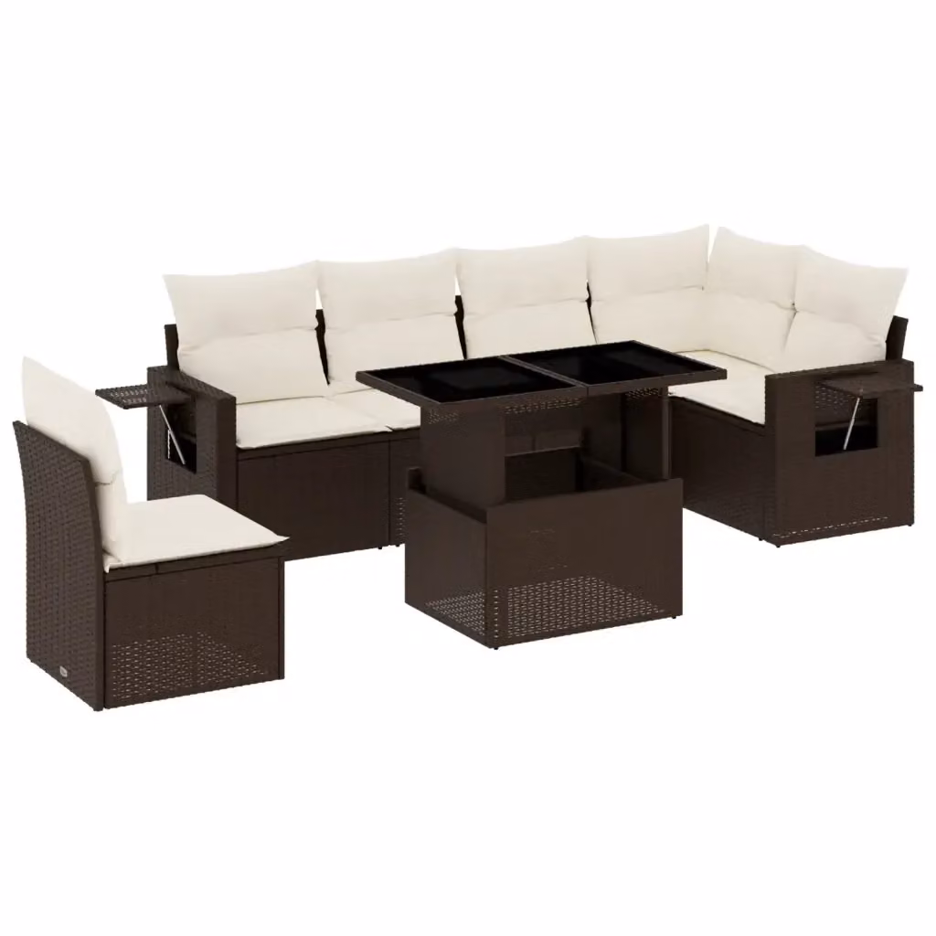 vidaXL Set Divani da Giardino 7 pz a Forma a L in Polyrattan Marrone con Cuscini e Tavolino da Esterno – 2