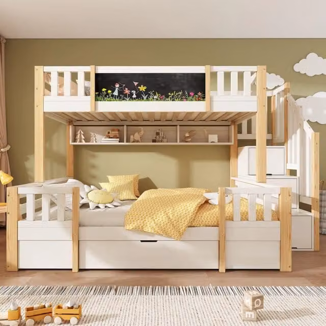 Letto a castello per 3 bambini 90x200 e 140x200 in legno massello; con scala contenitore; cassetti e lavagna; bianco e naturale