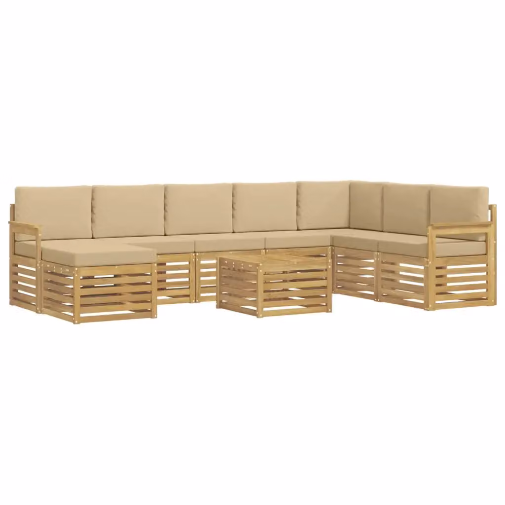 Set di divani da esterno a L con tavolino vidaXL, 7 posti, Bianco e Beige in legno di acacia e poliestere resistente ai raggi UV – 2