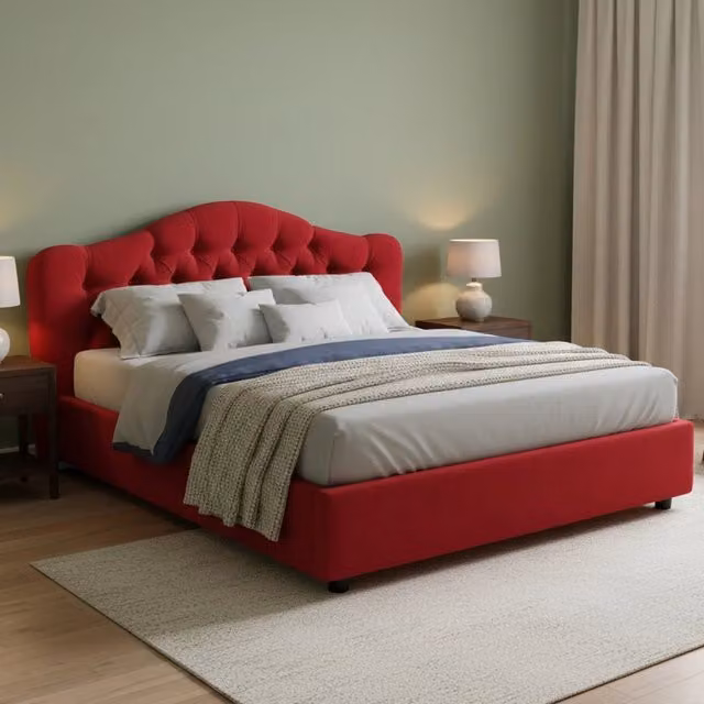 Letto Matrimoniale Aly DMORA in Tessuto con Struttura in Metallo, Rosso e Nero, L/P/H: 160 x 200 x 126 cm