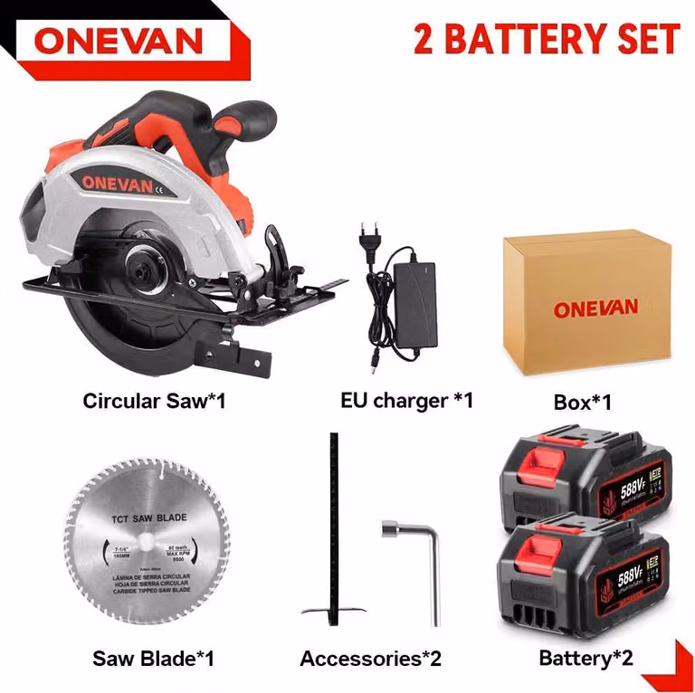 Seghetto circolare - a batteria, senza spazzole - 11.000 giri/min - lama da 18 cm - 2 batterie + spina UE - per il taglio del legno - rosso cremisi