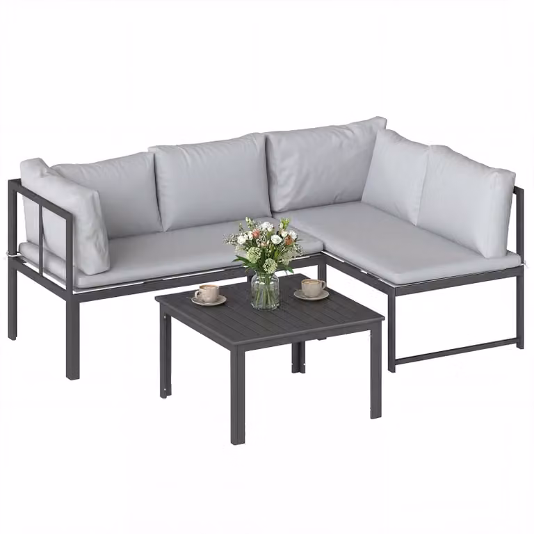 Set da giardino composto da 3 elementi - Grigio - Modulare - 4 posti - Metallo e poliestere