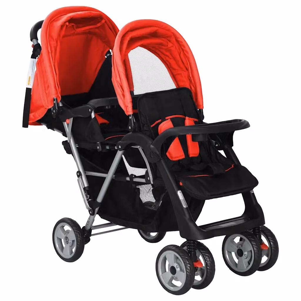 Passeggino gemellare a tandem pieghevole vidaXL in acciaio e tessuto rosso e nero L/P/H: 122,5 x 53,5 x 111 cm – 2