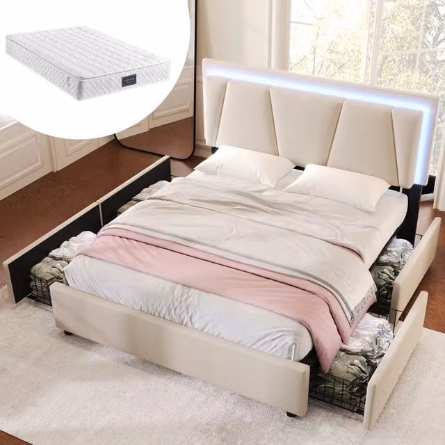 Letto Imbottito con LED e Contenitore ¨C MINIMAL ¨C Beige, 140x200, Testiera Regolabile, con Materasso