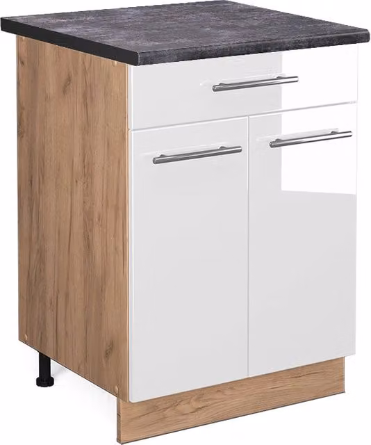 Mobiletto base per cucina Fame-Line Bianco lucido/Rovere dorato 60 cm con cassetto, PL Antracite Vicco