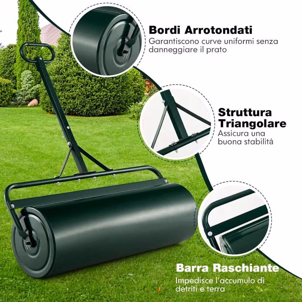 Rullo da Giardino Costway in Metallo Verde e Nero, Riempibile con Acqua o Sabbia, Capacità 113 L, L: 90 cm, P: 40 cm – 2