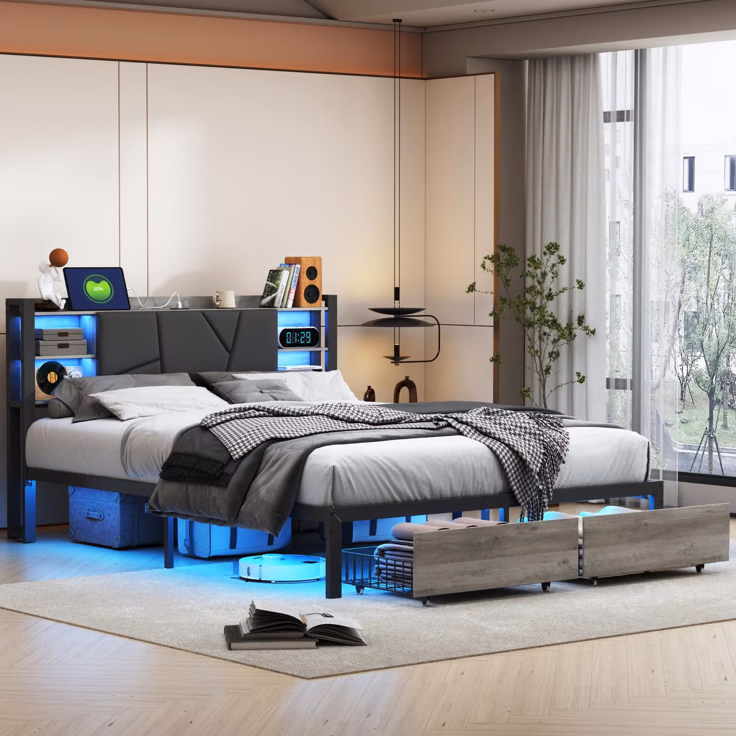 Letto imbottito 160x200 con illuminazione a LED e funzione di ricarica USB, letto in metallo Struttura del letto con testata con contenitore Letto con cassetti Letto giovanile Letto matrimoniale con rete a doghe