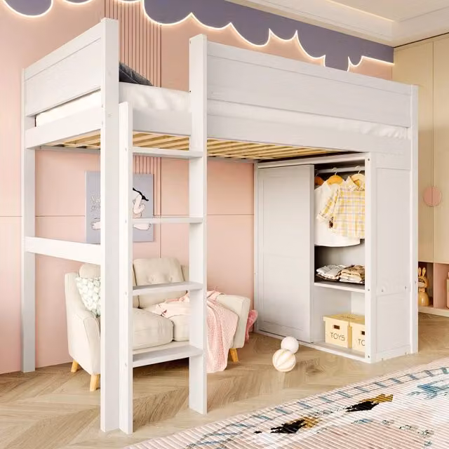 Letto a castello bianco in pino con armadio integrato funzione contenitore e dimensioni 90x200 cm
