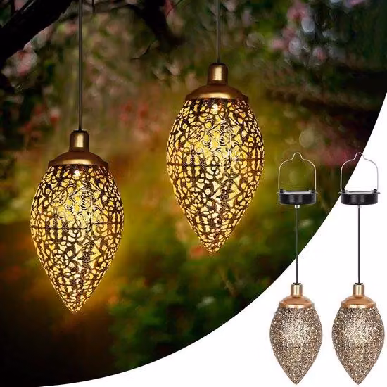 Set di illuminazione solare composto da 2 pezzi – Lampade da giardino metalliche con luce LED bianco caldo – Moduli solari sospesi resistenti alle intemperie per giardino, balcone e terrazza