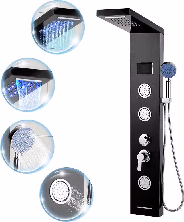 Pannello doccia Ikodm in acciaio inossidabile 304 con display LED, 6 funzioni: doccia a pioggia, cascata, massaggio, soffione manuale, erogatore per vasca, colore nero, attacco G1/2