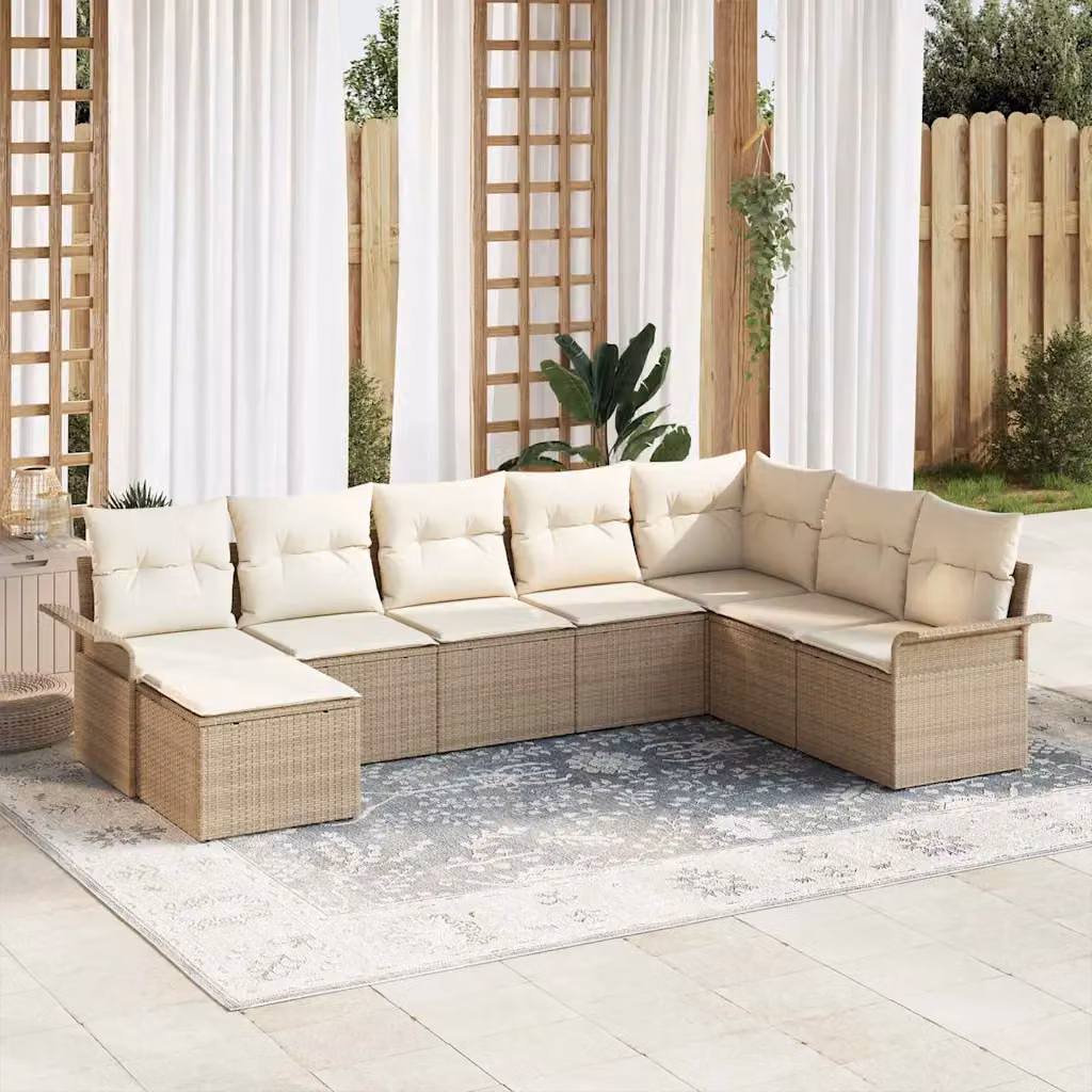 Set Divano da Giardino vidaXL 8 pz Beige con Cuscini e Tavolino, Design Moderno a L in Polyrattan e Metallo con Struttura in Acciaio Verniciato a Polvere – 1