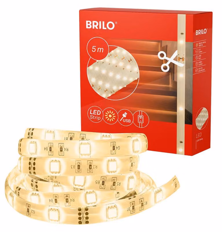 BRILONER VARMA Striscia LED, 5 m, interruttore a cavo, accorciabile, autoadesiva, bianca, 500 x 0,8 cm