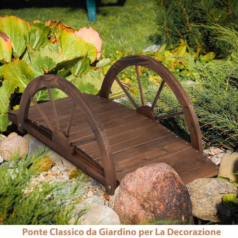 Ponte da giardino ad arco Costway in legno di abete con doppia ringhiera, colore marrone, Lunghezza: 1 m