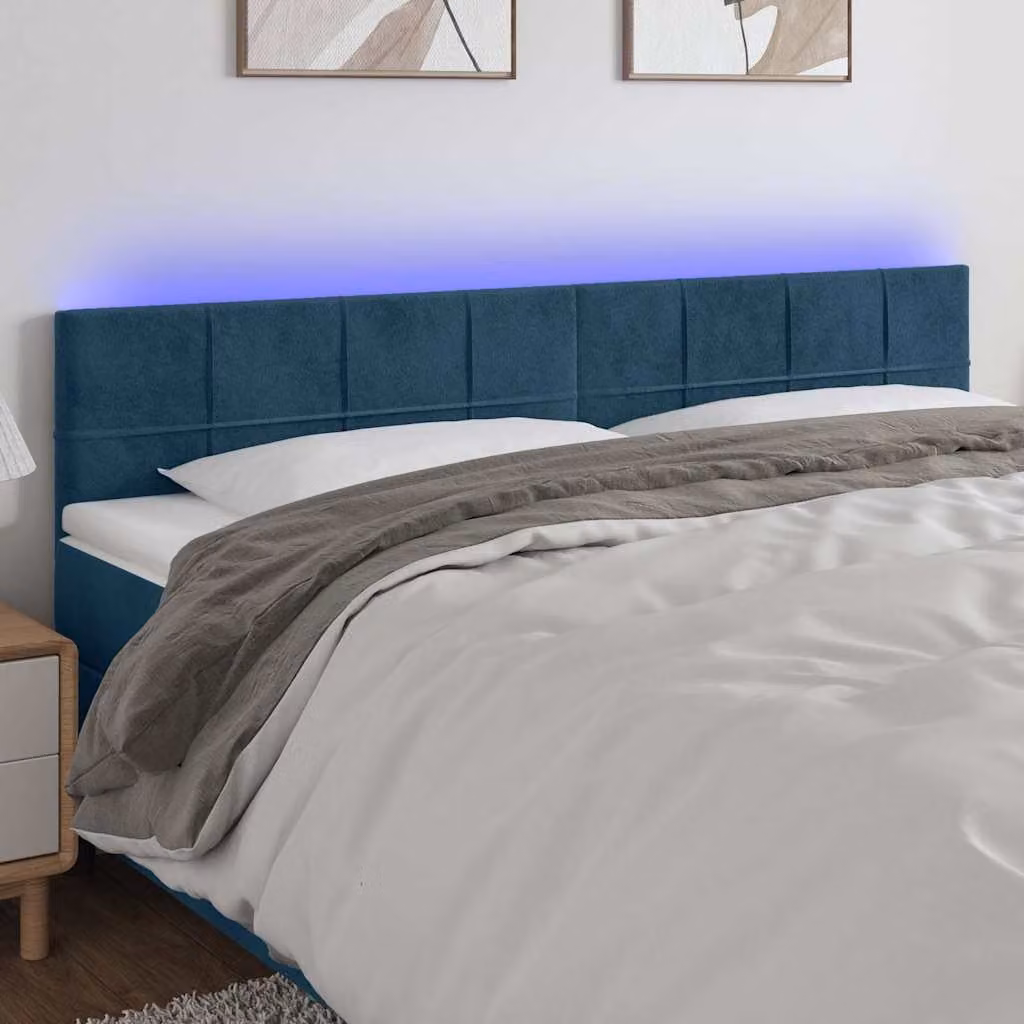 Testiera per letto vidaXL in velluto blu scuro con illuminazione LED e porta di ricarica USB, L: 200 cm, P: 5 cm, H: 78-88 cm