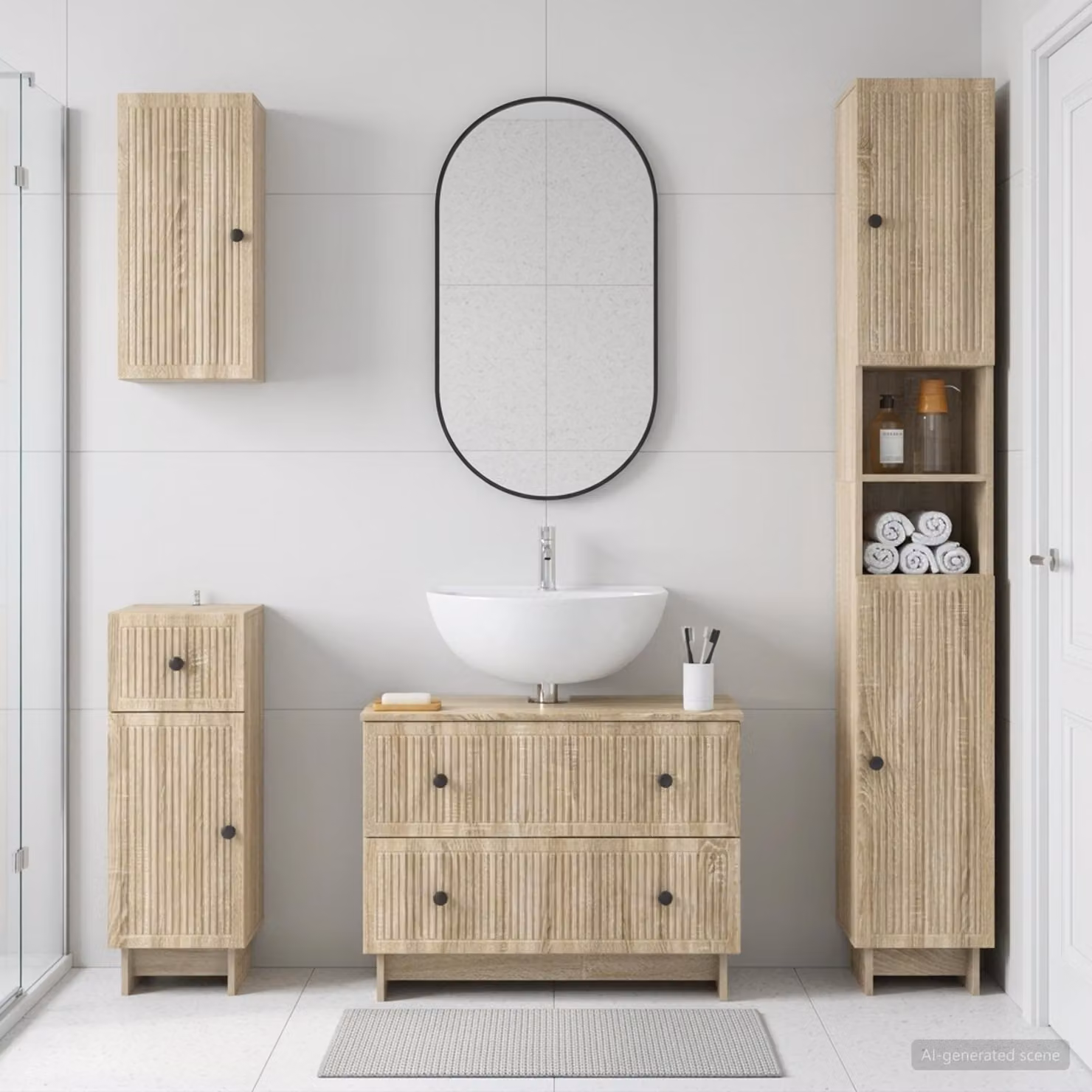 Set di mobili da bagno moderno vidaXL EDE composto da 4 pezzi in legno color rovere sonoma marrone con base lavabo e pensili a muro