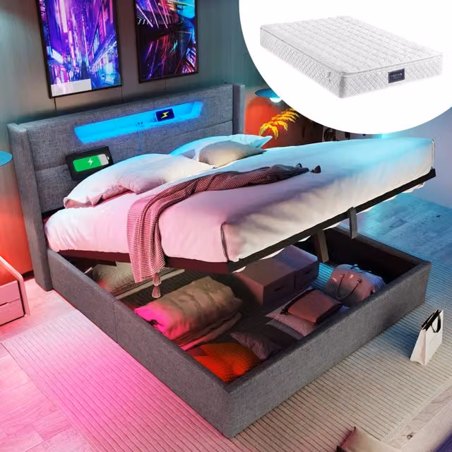 Letto matrimoniale imbottito 160 × 200 cm con contenitore LED USB Tipo C in lino grigio con rete a doghe