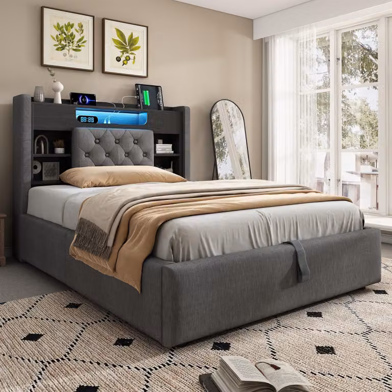 Letto imbottito STILVORA 90x200 cm con materasso, rete con contenitore idraulico e luci a LED, letto funzionale con funzione di ricarica USB/Type-C, letto con contenitore e mensola sulla testiera, tessuto di lino grigio