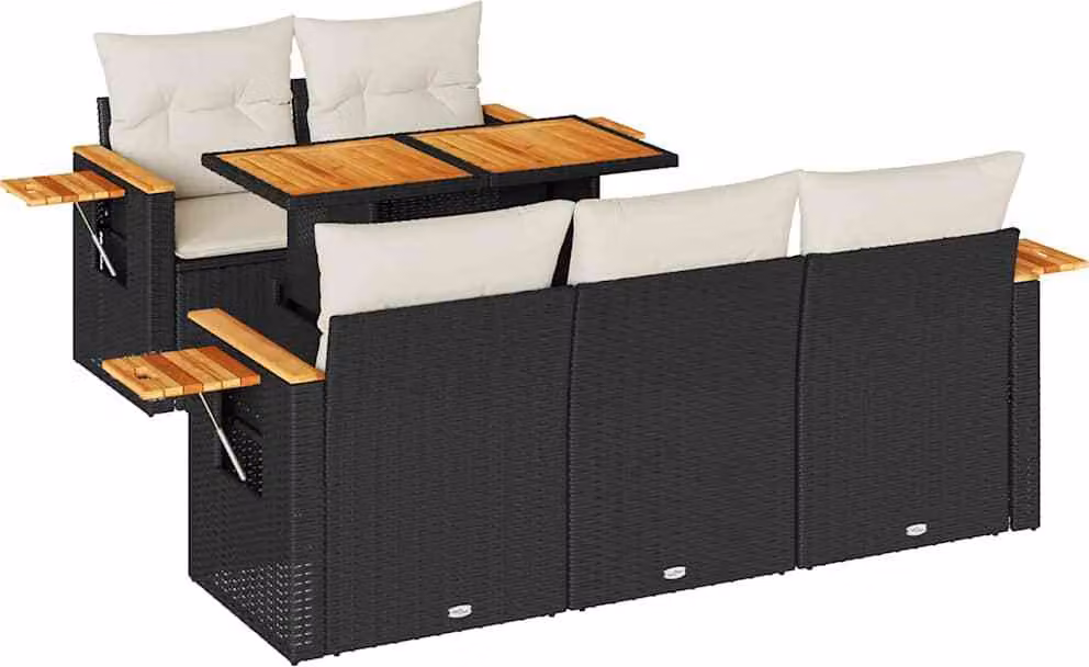 Set Divano da Giardino 6 pz con Cuscini Nero Polyrattan Acacia