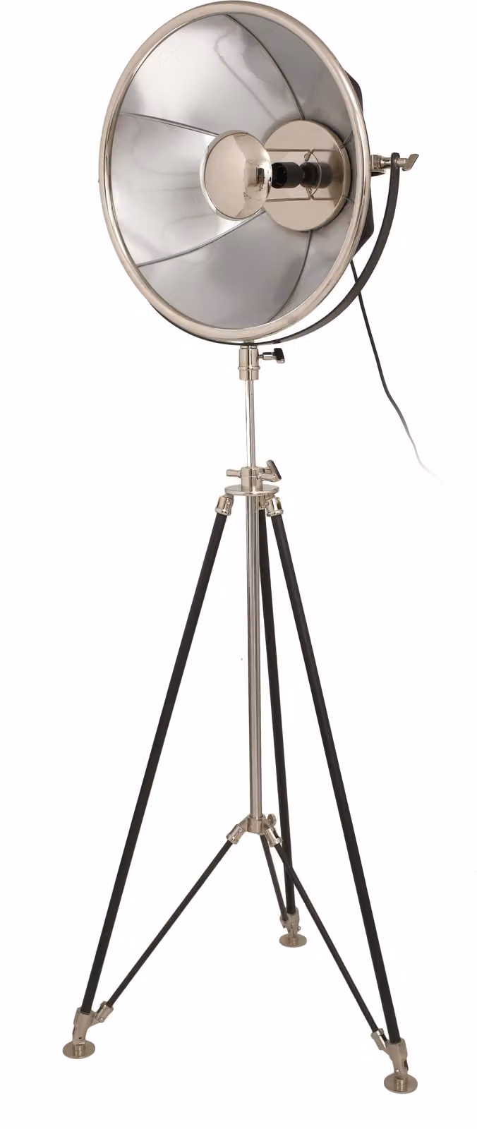 Lampada da terra Padiro, dimensioni 53 x 57 x 142,5-159,5 cm, colore nero e argento, realizzata in acciaio e alluminio, con treppiede regolabile in altezza
