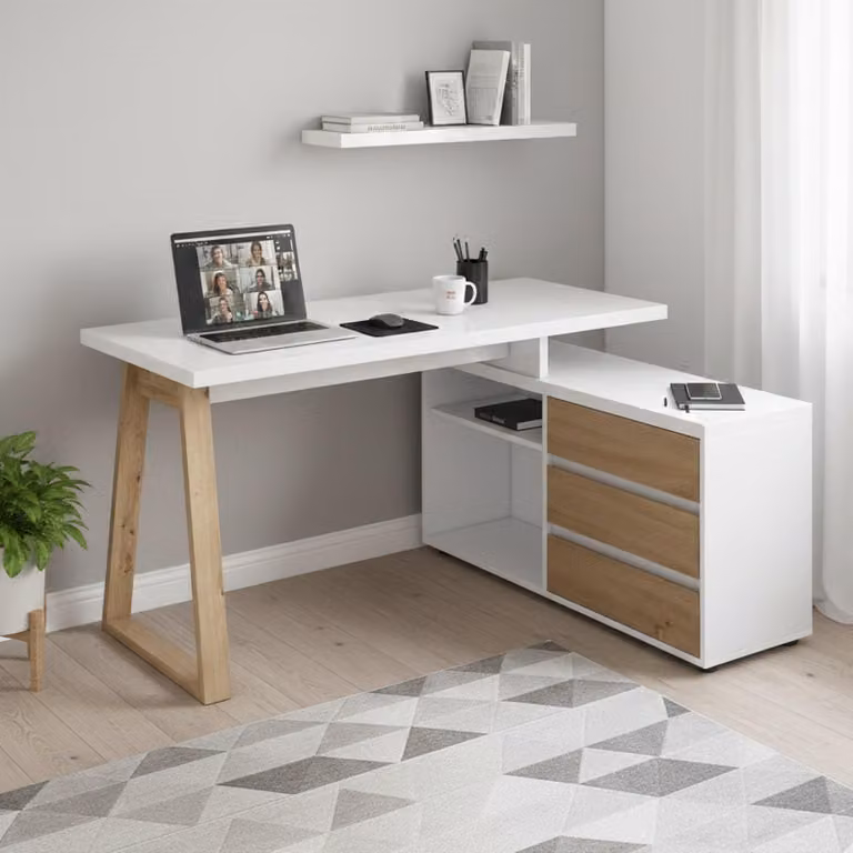 Dmora Scrivania Hachette 75x135x120h cm Bianco Lucido, 3 Cassetti 2 Vani  Italy