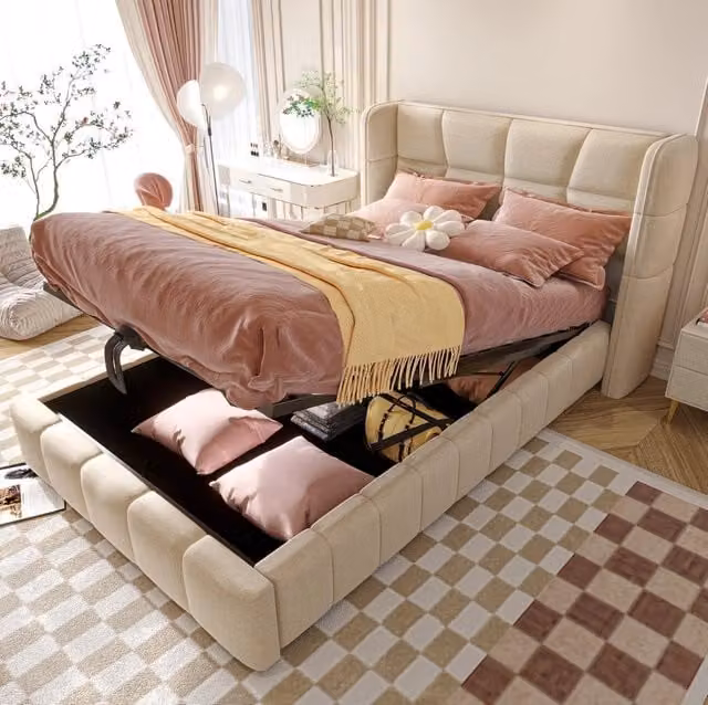 Letto imbottito per bambini con vano contenitore 90 x 200 cm in tessuto beige
