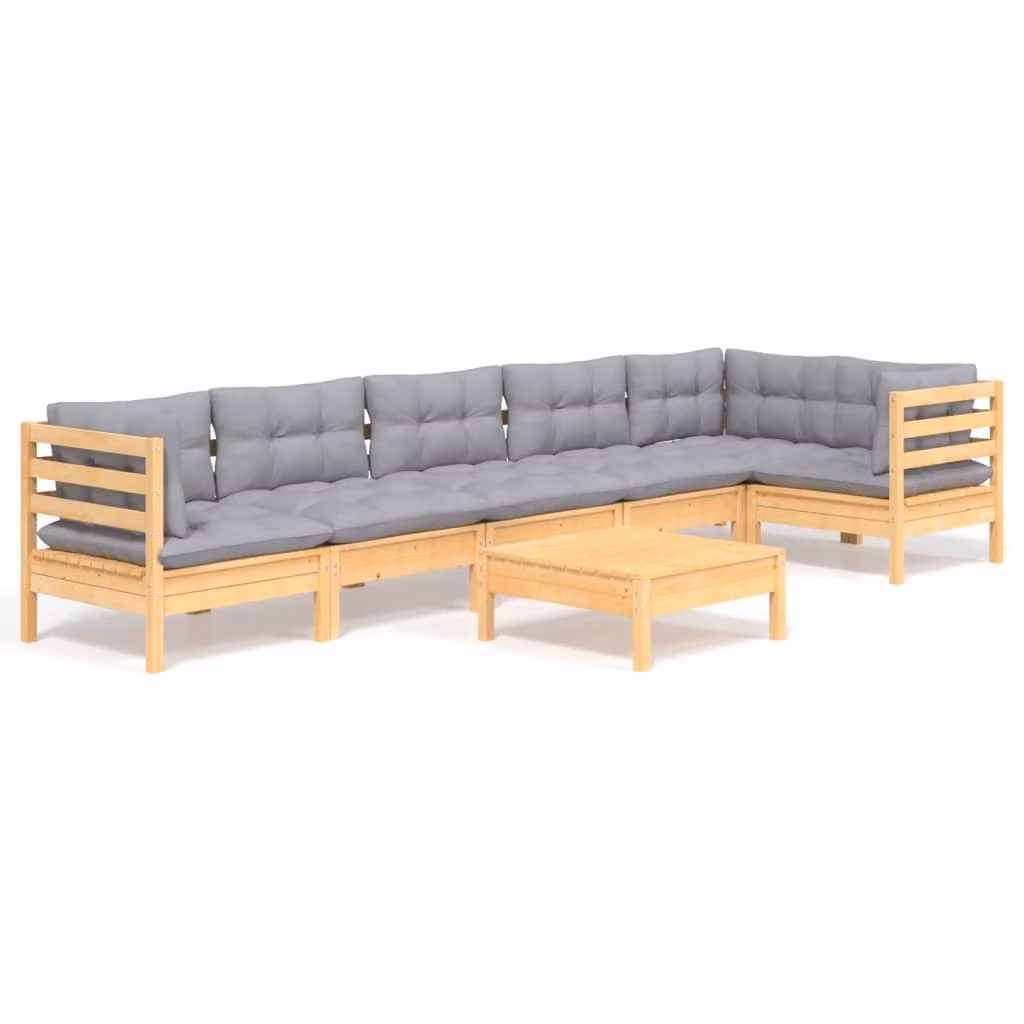 Set Divani da Giardino 7 pz con Cuscini Grigi Massello di Pino