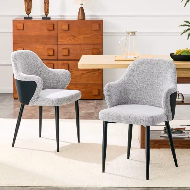 Set 2 sedie da pranzo in tessuto grigio e PU nero con gambe in metallo, altezza 83 cm