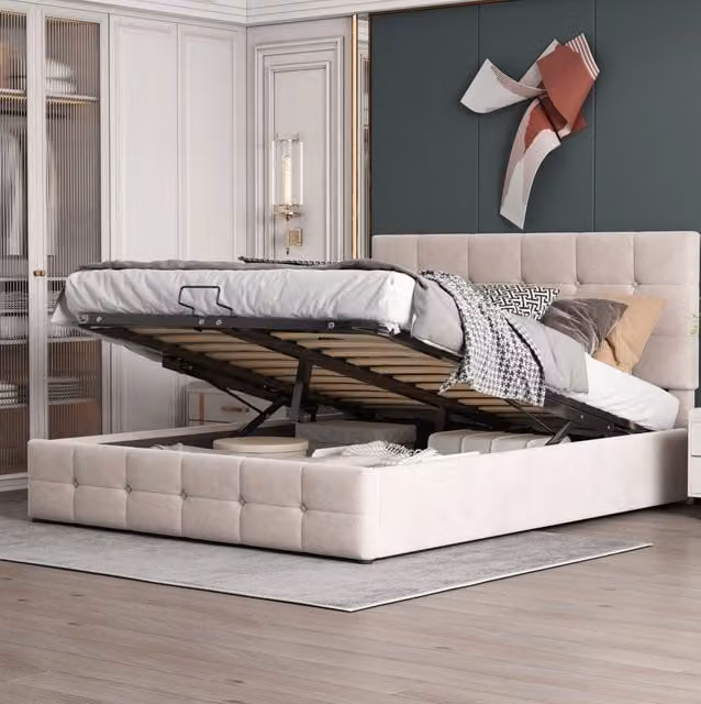 Letto imbottito 140x200 cm; contenitore salvaspazio; velluto; bianco crema (Senza materasso)