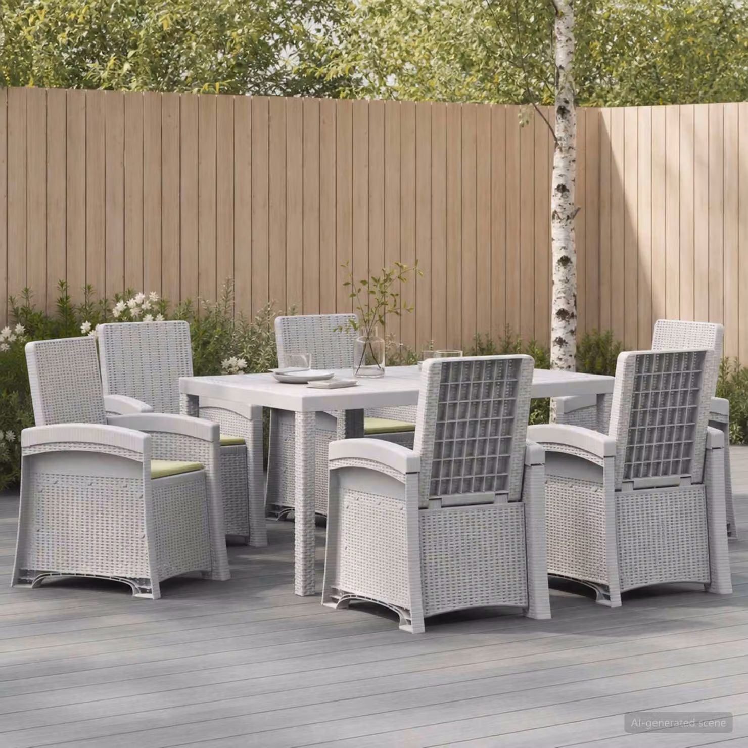 Set da pranzo per giardino e terrazzo vidaXL in rattan sintetico da 7 pezzi, colori bianco e beige